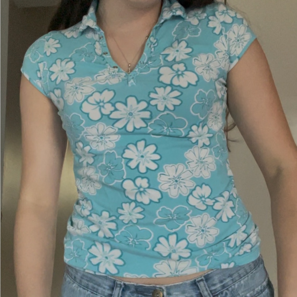 So Wear It Declare It Floral Button Down Shirt - Light Blue and White